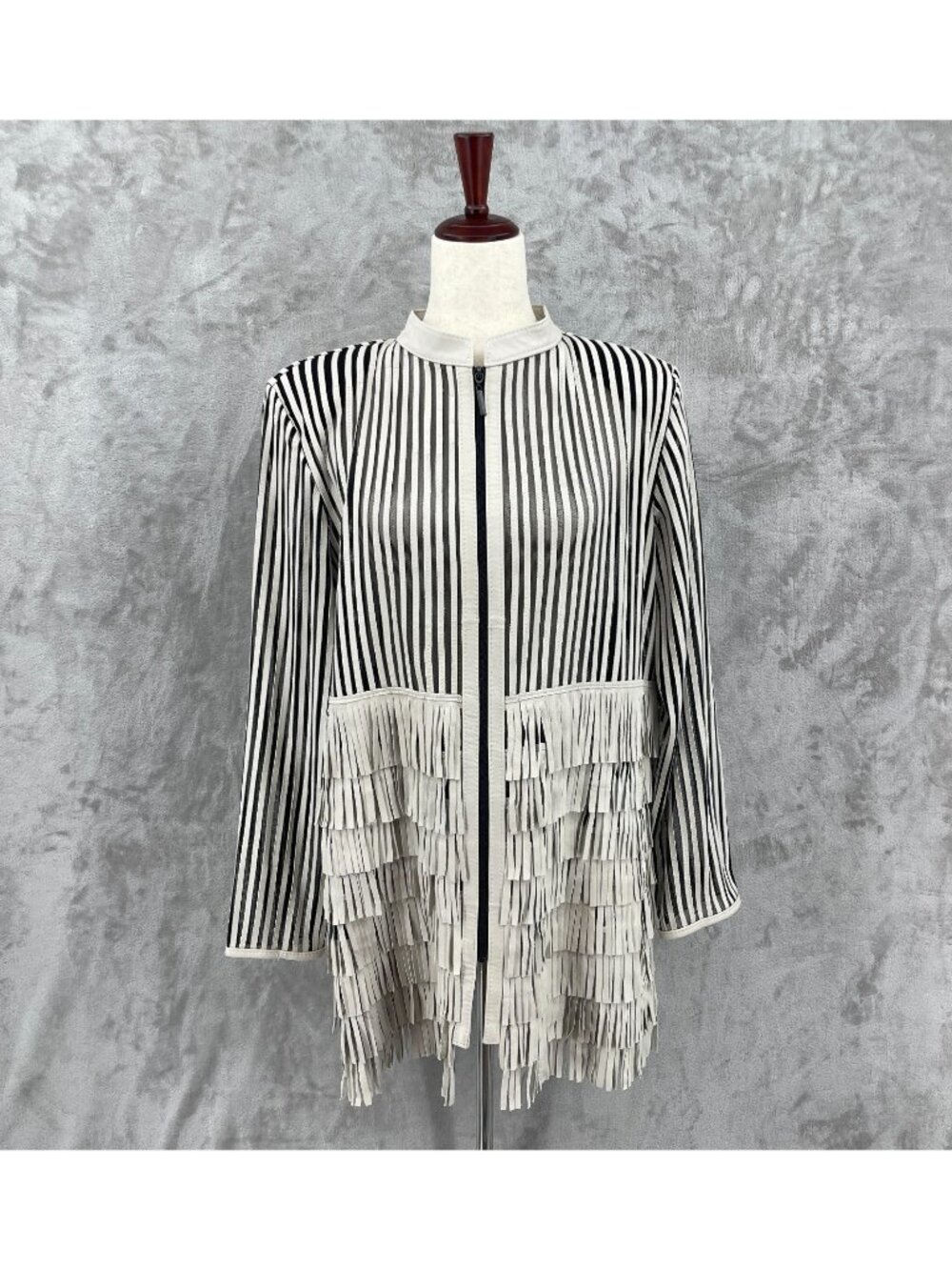 Dakota West Lambskin Leather Fringe Mesh Zip Front Mini Duster Jacket